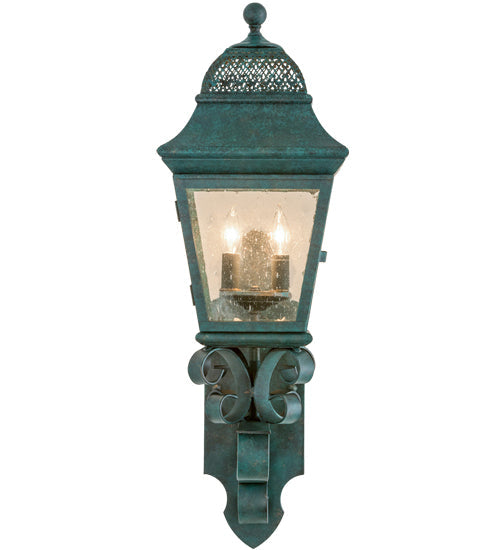 Meyda Lighting Arnette 9" 2-Light Golden Verdigris Lantern Wall Sconce With Clear Seeded Shade Glass