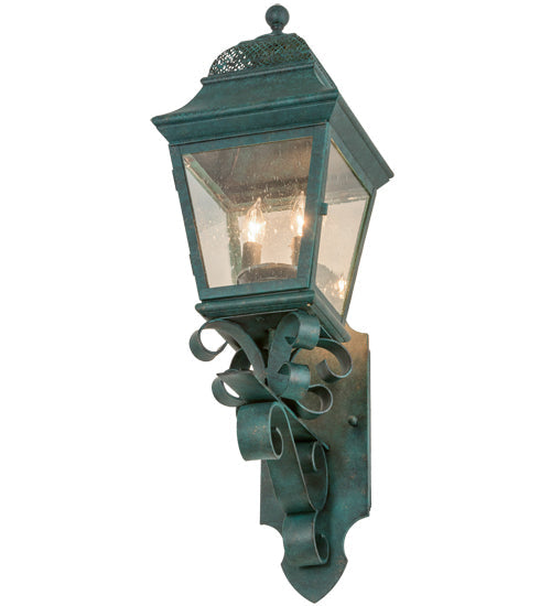 Meyda Lighting Arnette 9" 2-Light Golden Verdigris Lantern Wall Sconce With Clear Seeded Shade Glass