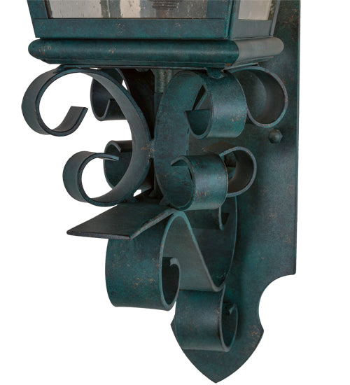 Meyda Lighting Arnette 9" 2-Light Golden Verdigris Lantern Wall Sconce With Clear Seeded Shade Glass