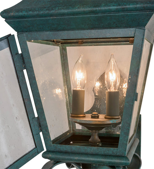 Meyda Lighting Arnette 9" 2-Light Golden Verdigris Lantern Wall Sconce With Clear Seeded Shade Glass
