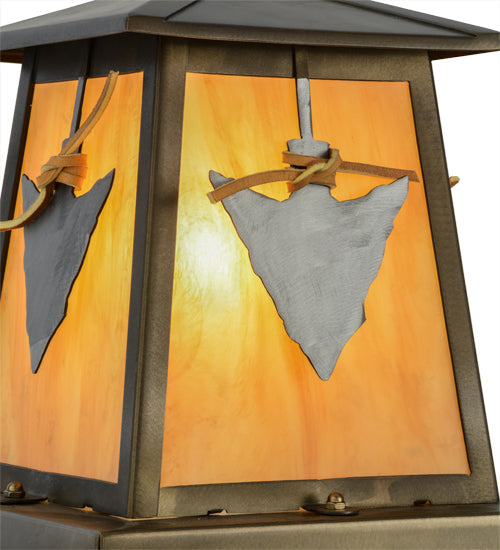 Meyda Lighting Arrowhead 13" Antique Copper Outdoor Pier Mount Light With Amber New Mica Acrylic Shade