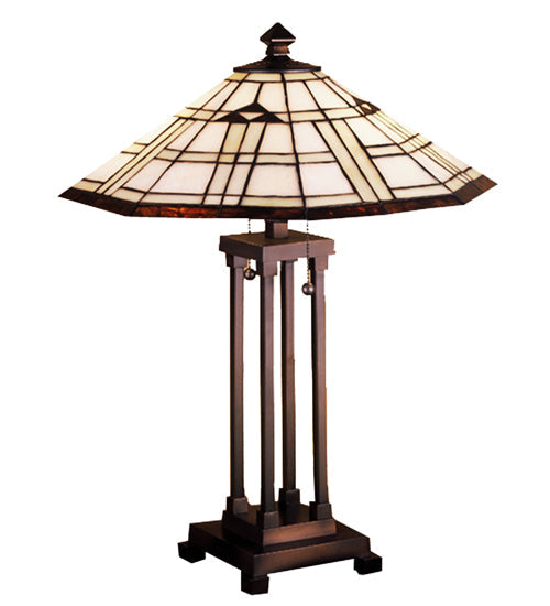Meyda Lighting Arrowhead Mission 24" 2-Light Mahogany Bronze Table Lamp With Multi-Colored Stained Shade Glass