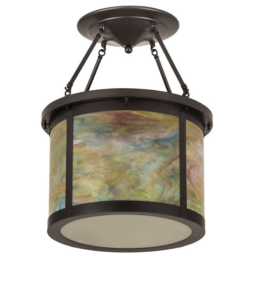 Meyda Lighting Arts & Crafts 20" 4-Light Craftsman Brown Semi-flush Mount Light With Jade Purple & Frosted Clear Shade Glass