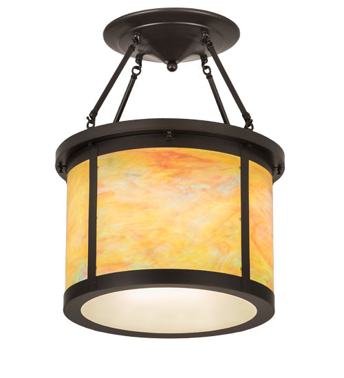 Meyda Lighting Arts & Crafts 20" 4-Light Craftsman Brown Semi-flush Mount Light With Jade Purple & Frosted Clear Shade Glass