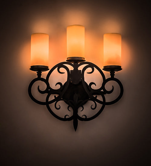 Meyda Lighting Ashley 17" 3-Light Costello Black Wall Sconce With Ivory Polyresin Cylindres Shade