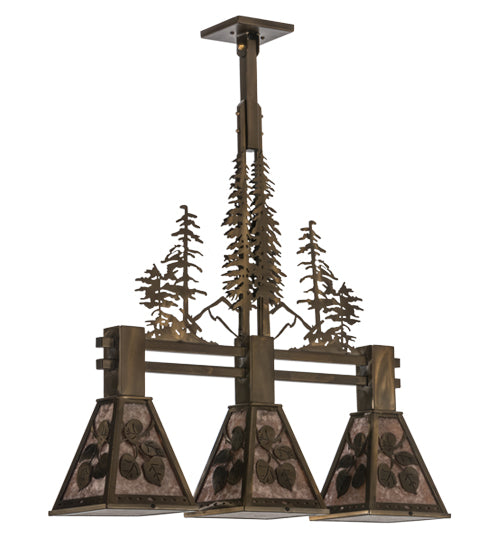 Meyda Lighting Aspen Leaf 30" 3-Light Antique Copper Island Pendant Light With Silver Mica Shade Glass