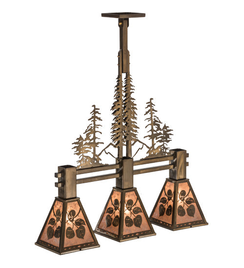 Meyda Lighting Aspen Leaf 30" 3-Light Antique Copper Island Pendant Light With Silver Mica Shade Glass