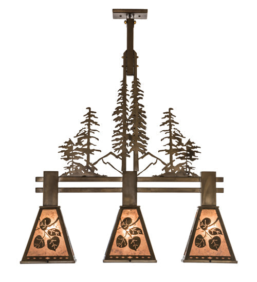 Meyda Lighting Aspen Leaf 30" 3-Light Antique Copper Island Pendant Light With Silver Mica Shade Glass
