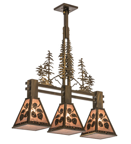 Meyda Lighting Aspen Leaf 30" 3-Light Antique Copper Island Pendant Light With Silver Mica Shade Glass