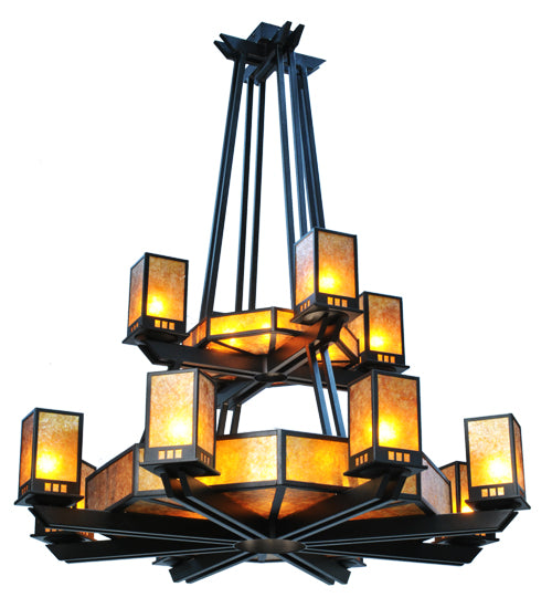 Meyda Lighting Avondale 58" 24-Light 2-Tier Black Chandelier With Amber Mica Shade Glass