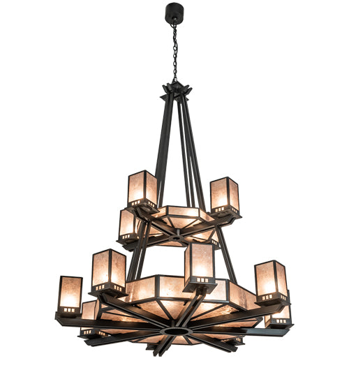 Meyda Lighting Avondale 58" 24-Light 2-Tier Solar Black Chandelier With Silver Mica Shade Glass