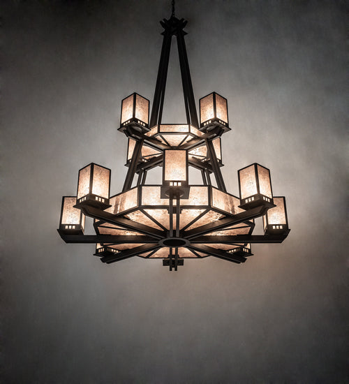 Meyda Lighting Avondale 58" 24-Light 2-Tier Solar Black Chandelier With Silver Mica Shade Glass