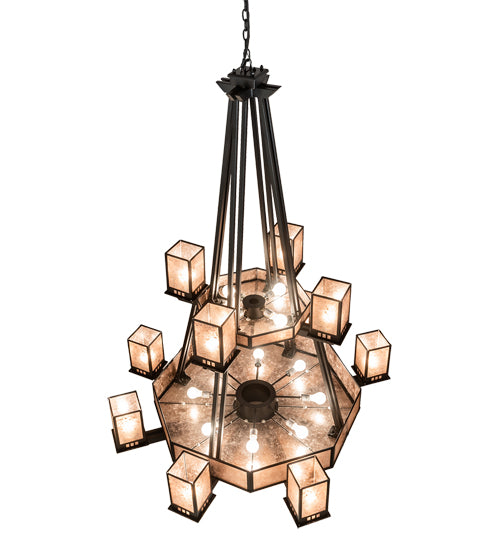 Meyda Lighting Avondale 58" 24-Light 2-Tier Solar Black Chandelier With Silver Mica Shade Glass