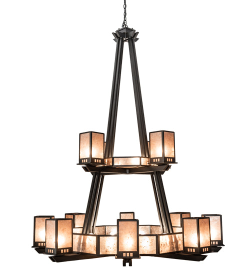 Meyda Lighting Avondale 58" 24-Light 2-Tier Solar Black Chandelier With Silver Mica Shade Glass