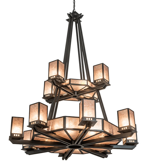 Meyda Lighting Avondale 58" 24-Light 2-Tier Solar Black Chandelier With Silver Mica Shade Glass