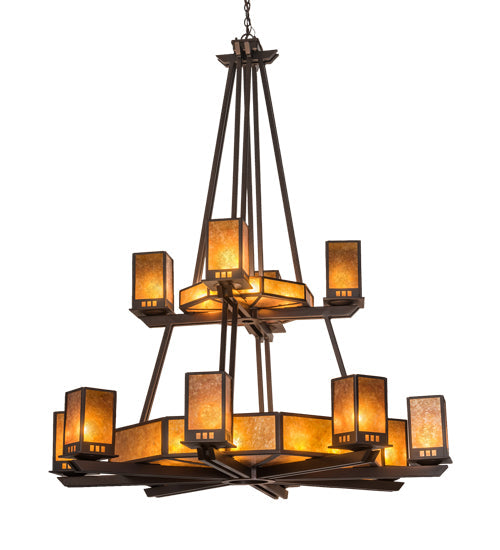 Meyda Lighting Avondale 60" 24-Light 2-Tier Mahogany Bronze Chandelier With Amber Mica Shade Glass