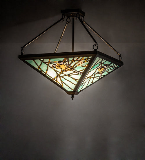Meyda Lighting Backyard Friends 21"Sq 4-Light Antique Copper Semi-flush Mount Light With Blue & Beige Stained Shade Glass