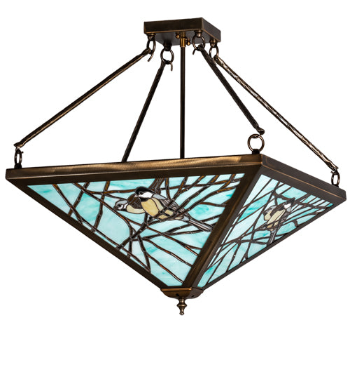 Meyda Lighting Backyard Friends 21"Sq 4-Light Antique Copper Semi-flush Mount Light With Blue & Beige Stained Shade Glass