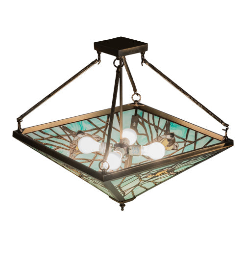 Meyda Lighting Backyard Friends 21"Sq 4-Light Antique Copper Semi-flush Mount Light With Blue & Beige Stained Shade Glass