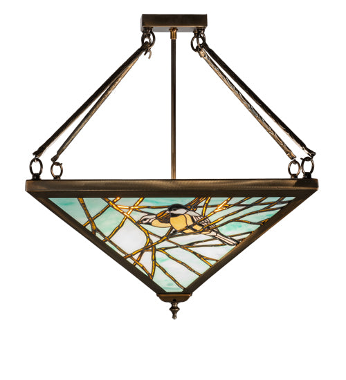 Meyda Lighting Backyard Friends 21"Sq 4-Light Antique Copper Semi-flush Mount Light With Blue & Beige Stained Shade Glass