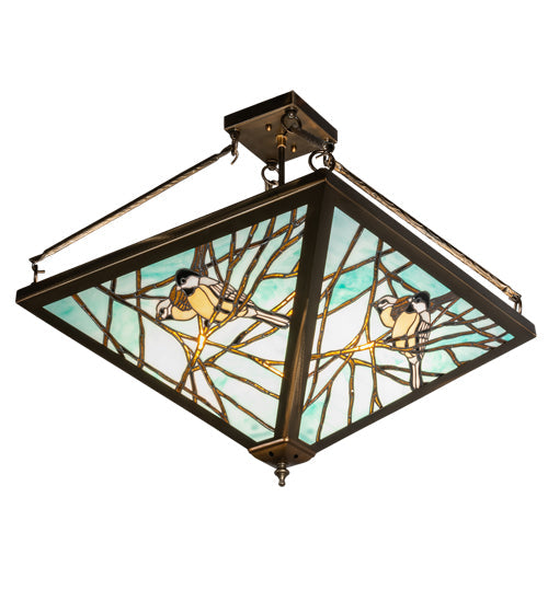 Meyda Lighting Backyard Friends 21"Sq 4-Light Antique Copper Semi-flush Mount Light With Blue & Beige Stained Shade Glass
