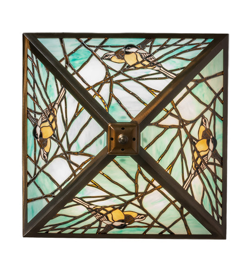 Meyda Lighting Backyard Friends 21"Sq 4-Light Antique Copper Semi-flush Mount Light With Blue & Beige Stained Shade Glass