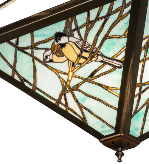 Meyda Lighting Backyard Friends 21"Sq 4-Light Antique Copper Semi-flush Mount Light With Blue & Beige Stained Shade Glass