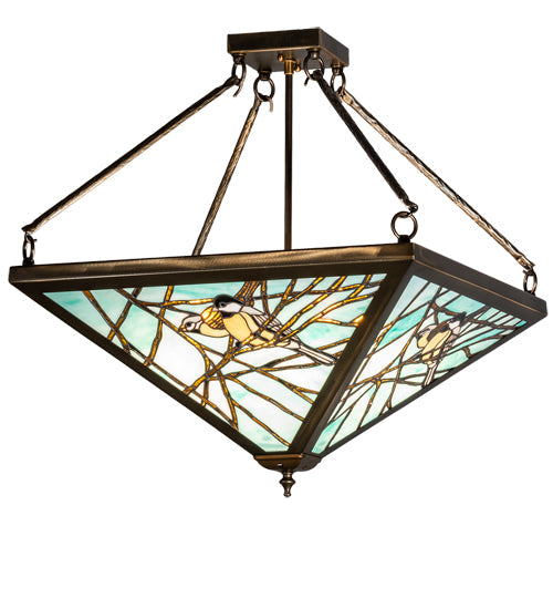 Meyda Lighting Backyard Friends 21"Sq 4-Light Antique Copper Semi-flush Mount Light With Blue & Beige Stained Shade Glass