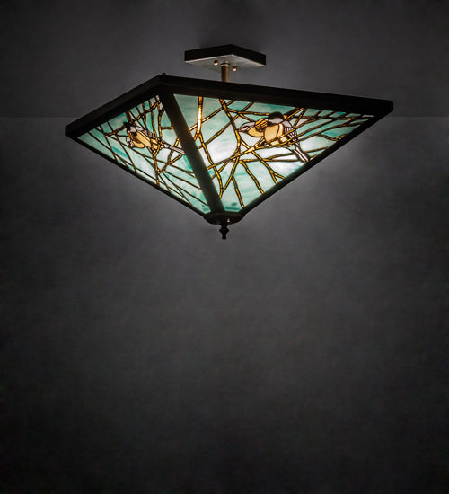 Meyda Lighting Backyard Friends 226784 21"Sq 4-Light Antique Copper Semi-flush Mount Light With Blue & Beige Stained Shade Glass