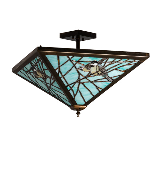 Meyda Lighting Backyard Friends 226784 21"Sq 4-Light Antique Copper Semi-flush Mount Light With Blue & Beige Stained Shade Glass