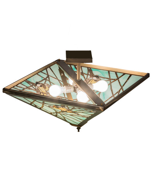 Meyda Lighting Backyard Friends 226784 21"Sq 4-Light Antique Copper Semi-flush Mount Light With Blue & Beige Stained Shade Glass