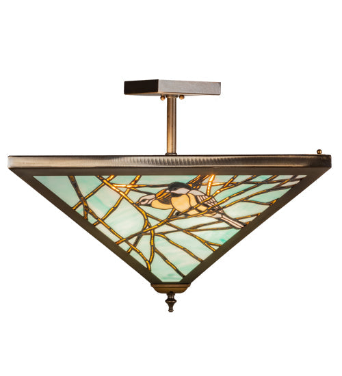 Meyda Lighting Backyard Friends 226784 21"Sq 4-Light Antique Copper Semi-flush Mount Light With Blue & Beige Stained Shade Glass