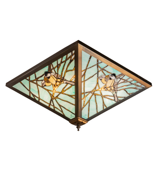 Meyda Lighting Backyard Friends 226784 21"Sq 4-Light Antique Copper Semi-flush Mount Light With Blue & Beige Stained Shade Glass