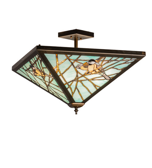 Meyda Lighting Backyard Friends 226784 21"Sq 4-Light Antique Copper Semi-flush Mount Light With Blue & Beige Stained Shade Glass