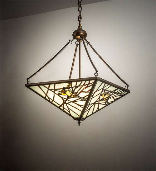 Meyda Lighting Backyard Friends 29" 4-Light Antique Copper Inverted Pendant Light With Multi-Colored Stained Shade Glass