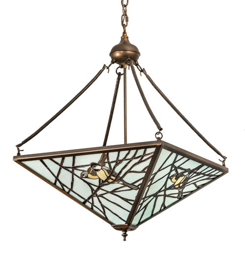 Meyda Lighting Backyard Friends 29" 4-Light Antique Copper Inverted Pendant Light With Multi-Colored Stained Shade Glass