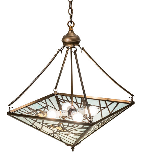 Meyda Lighting Backyard Friends 29" 4-Light Antique Copper Inverted Pendant Light With Multi-Colored Stained Shade Glass