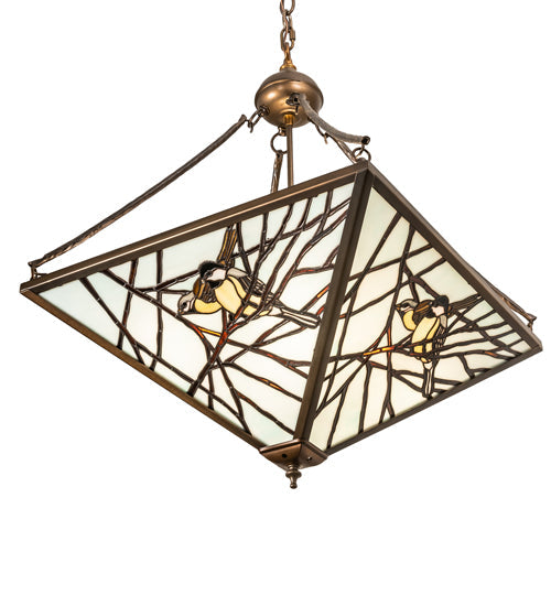Meyda Lighting Backyard Friends 29" 4-Light Antique Copper Inverted Pendant Light With Multi-Colored Stained Shade Glass