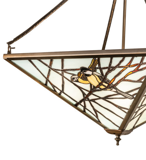 Meyda Lighting Backyard Friends 29" 4-Light Antique Copper Inverted Pendant Light With Multi-Colored Stained Shade Glass