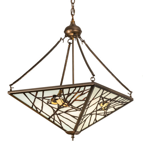 Meyda Lighting Backyard Friends 29" 4-Light Antique Copper Inverted Pendant Light With Multi-Colored Stained Shade Glass