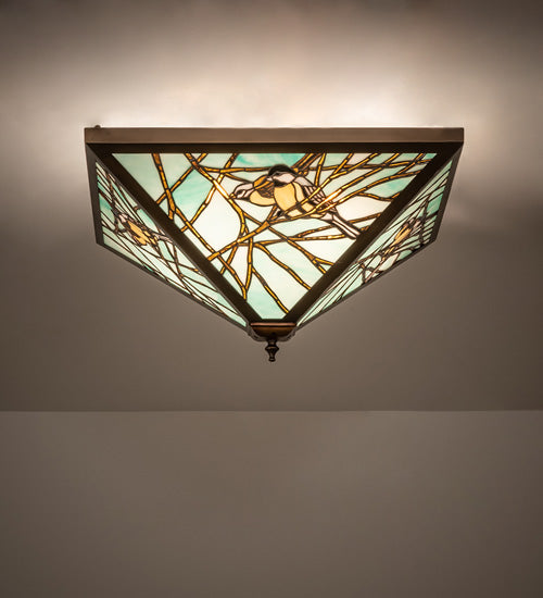 Meyda Lighting Backyard Friends 30" 4-Light Antique Copper Flush Mount Light With Blue & Yellow Stained Shade Glass