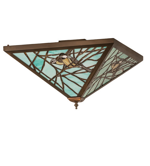 Meyda Lighting Backyard Friends 30" 4-Light Antique Copper Flush Mount Light With Blue & Yellow Stained Shade Glass
