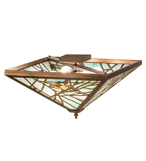Meyda Lighting Backyard Friends 30" 4-Light Antique Copper Flush Mount Light With Blue & Yellow Stained Shade Glass