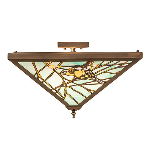 Meyda Lighting Backyard Friends 30" 4-Light Antique Copper Flush Mount Light With Blue & Yellow Stained Shade Glass