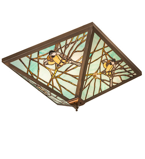 Meyda Lighting Backyard Friends 30" 4-Light Antique Copper Flush Mount Light With Blue & Yellow Stained Shade Glass