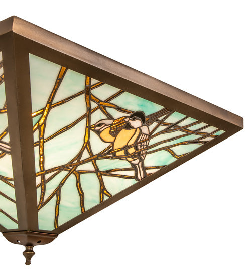 Meyda Lighting Backyard Friends 30" 4-Light Antique Copper Flush Mount Light With Blue & Yellow Stained Shade Glass
