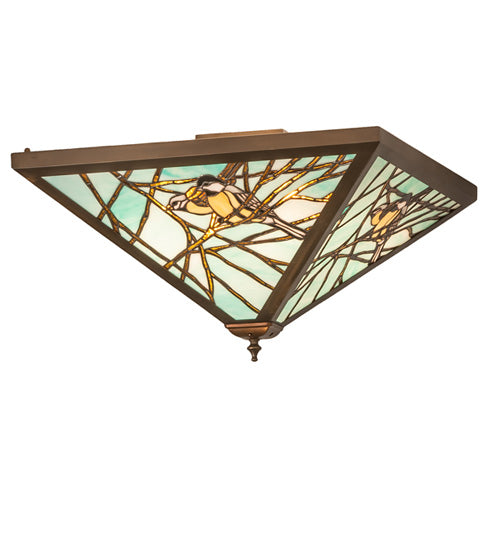 Meyda Lighting Backyard Friends 30" 4-Light Antique Copper Flush Mount Light With Blue & Yellow Stained Shade Glass