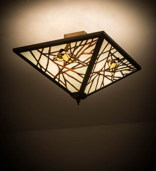 Meyda Lighting Backyard Friends 30" 4-Light Antique Copper Flush Mount Light With Multi-Colored Stained Shade Glass