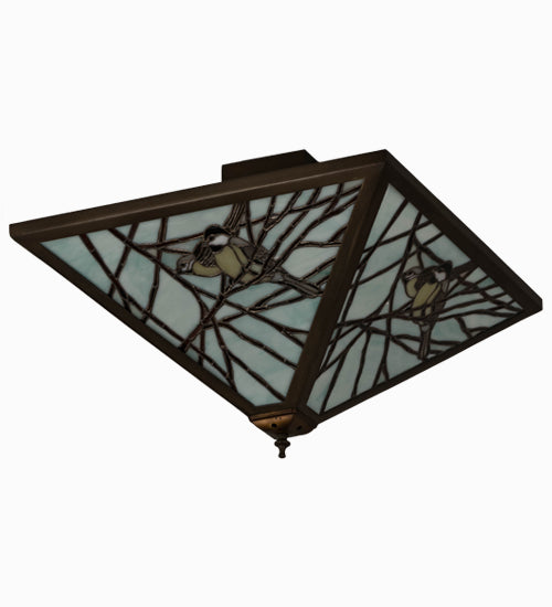 Meyda Lighting Backyard Friends 30" 4-Light Antique Copper Flush Mount Light With Multi-Colored Stained Shade Glass