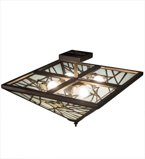 Meyda Lighting Backyard Friends 30" 4-Light Antique Copper Flush Mount Light With Multi-Colored Stained Shade Glass